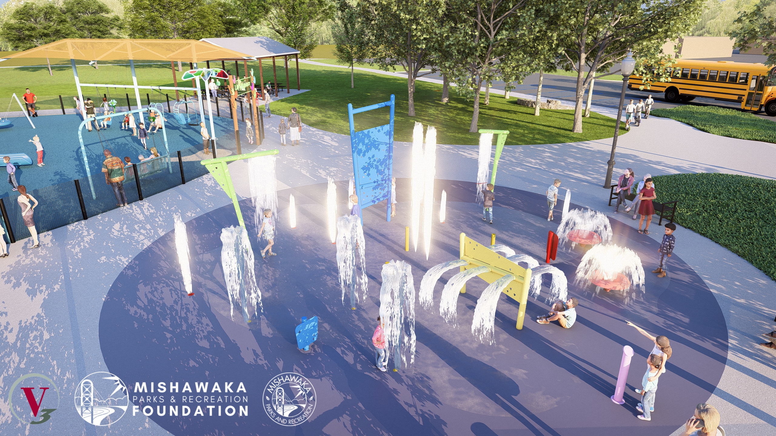Residents playing in the Normain Park Splash Pad.